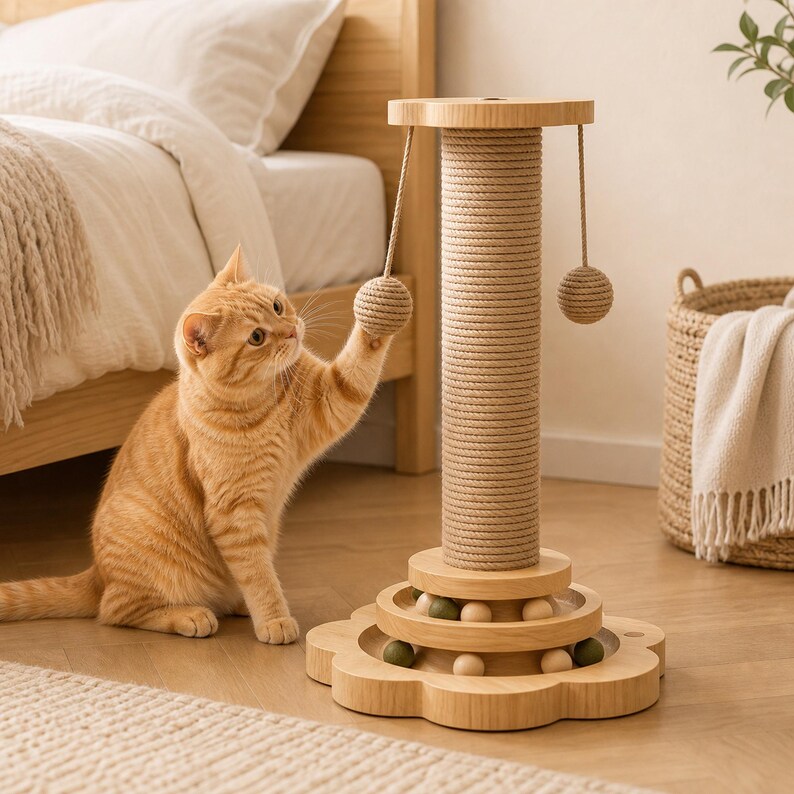 May include: A light-colored wooden cat scratching post featuring a central sisal-wrapped column, a flower-shaped base with a built-in ball track containing rolling wooden spheres, and two hanging sisal ball toys suspended from the top platform.