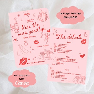 Plantilla de invitación e itinerario para despedida de soltera personalizada "Besame a la señorita" (Canva, personalizable)