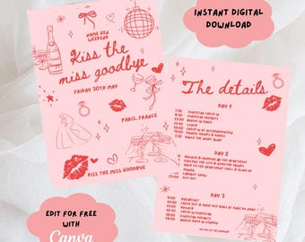 Kiss The Miss Goodbye Bespoke Hen Do Bachelorette Party Invite and Itinerary Template, Canva Template, Customisable