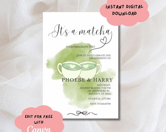 It’s a Matcha! Engagement Party Invitation | Matcha Green & White Theme | Editable Canva Template | Digital Download