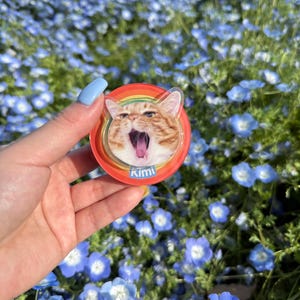May include: A round, red cat-themed phone grip with a rainbow border. The image features an orange tabby cat with its mouth open, and the name "Kimi" is printed below the cat. The background is a field of blue flowers.