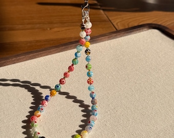 Handmade Stained Glass Flower Beaded Phone Charm: Vintage Mosaic Style Strap