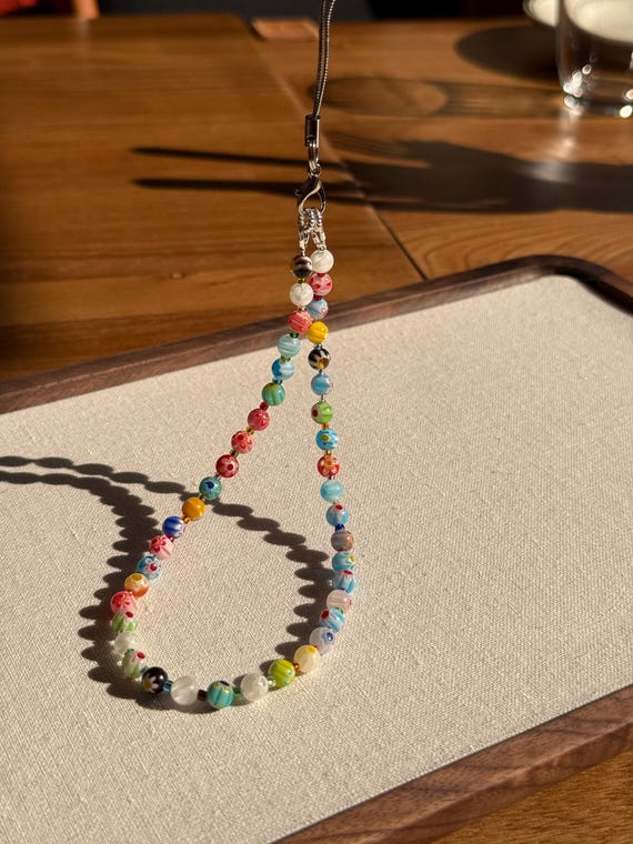 Handmade Stained Glass Flower Beaded Phone Charm: Vintage Mosaic Style Strap