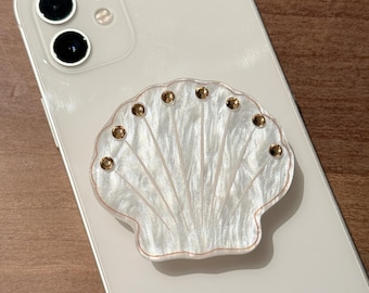 Pearl Shell Phone Grip, Champagne Rhinestone Phone Stand