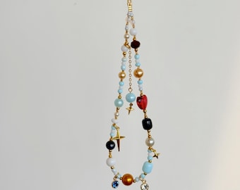 Celestial Beaded Phone Charm: Star & Heart Crystal Strap in Blue Gold