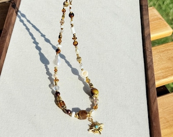 Vintage Gold Sunburst Phone Charm: Baroque Pearl, Shell & Crystal Beads