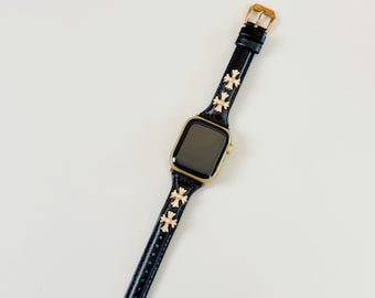 Black Leather Apple Watch Band with Rose Gold Cross, Slim Elegant Strap