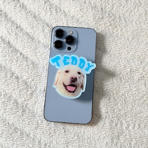 May include: A light blue smartphone with a triple-lens camera system on the back. Attached to the centre of the phone is a custom acrylic accessory featuring a photographic print of a cream-coloured dog and the blue text TEDDY above it.