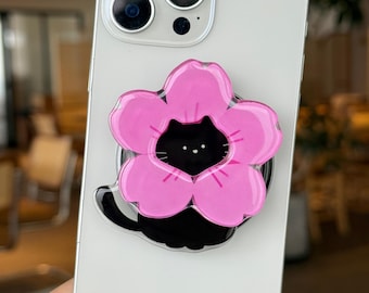 Flower Cat Phone Grip: Magnetic or Adhesive Resin Phone Holder