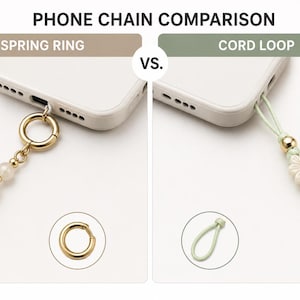 May include: A comparison graphic titled PHONE CHAIN COMPARISON showing two attachment styles. The left side features a gold spring ring attached to a phone with pearl-like beads. The right side shows a light green cord loop with a flower bead.
