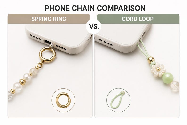 May include: A comparison graphic titled PHONE CHAIN COMPARISON showing two attachment styles. The left side features a gold spring ring attached to a phone with pearl-like beads. The right side shows a light green cord loop with a flower bead.