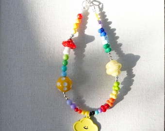 Handmade Rainbow Beaded Phone Charm: Kawaii Y2K Cloud & Mushroom Strap