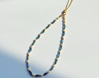 Vintage Blue Beaded Phone Charm: Pearl & Gold Retro Strap