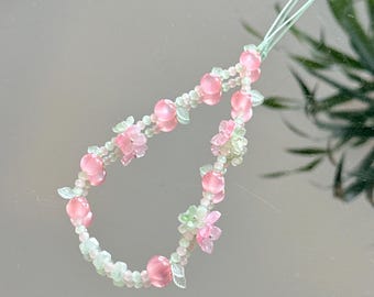 Pink Beaded Phone Charm: Floral Wrist Strap with Crystal Beads