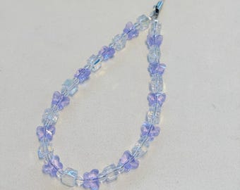 Purple Butterfly Crystal Phone Charm, Beaded Wrist Strap with Clear Iridescent Cubes