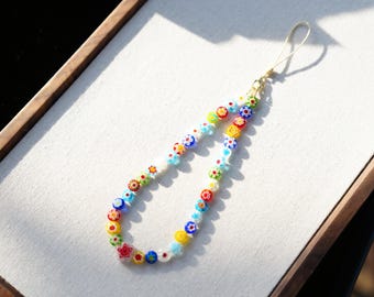 Handmade Stained Glass Flower Beaded Phone Charm: Vintage Mosaic Style Strap