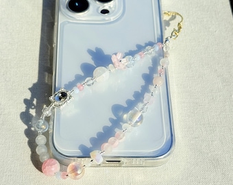 Elegant Pink Crystal Phone Charm: 3D Floral Beads & Rhinestone Details