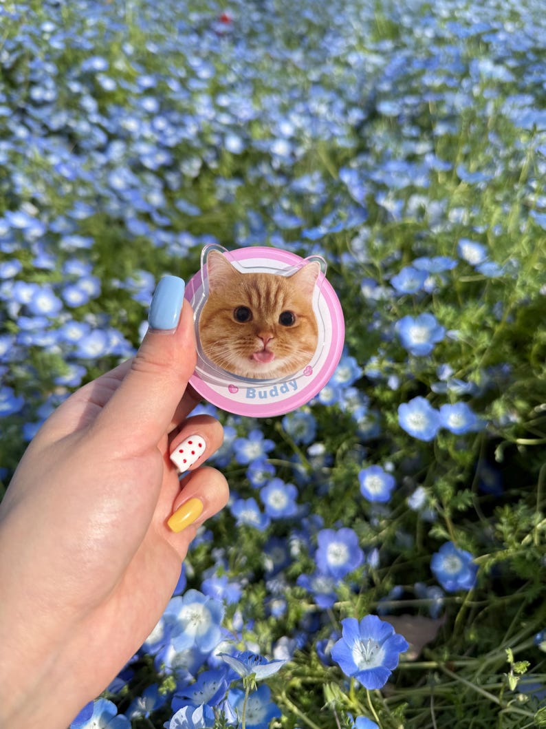 May include: A round, pink and white cat-themed sticker with the name "Buddy" printed on it. The sticker features a close-up image of a ginger cat with its tongue sticking out. The background is a field of blue flowers.