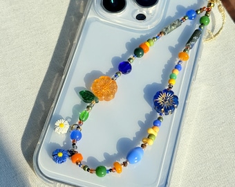 Orange & Blue Czech Glass Beaded Phone Charm: Vibrant Floral Wrist Strap