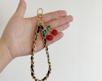 Cherry Charm Leather Chain Phone Strap:  Wrist Lanyard with Crystal Cherry Pendant