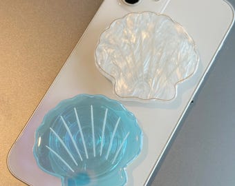 Elegant Shell Phone Grip, Pearl White & Transparent Blue Phone Stand