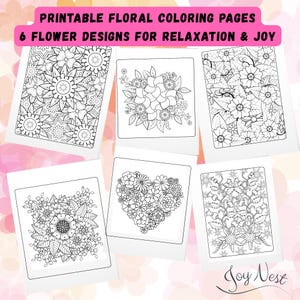 6 Printable Flower Coloring Pages for Adults | Relaxing Floral Designs | Instant Download PDF