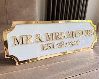 Personalised 3D Mirrored Acrylic Surname Street Sign, Marquee Sign, Mr & Mrs Surname Sign, Established Wedding Date