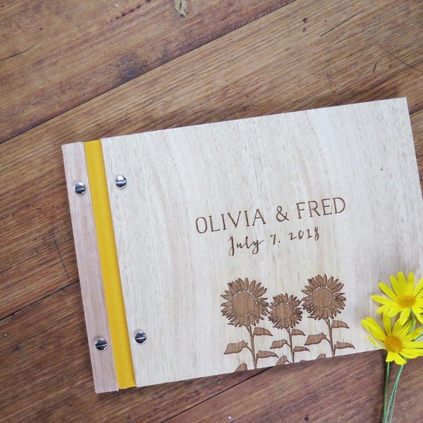 Sunflower Wedding Guest Book, Engraved Wood Wedding Book, Wedding Guestbook, Outdoor Wedding, Country Barn Wedding