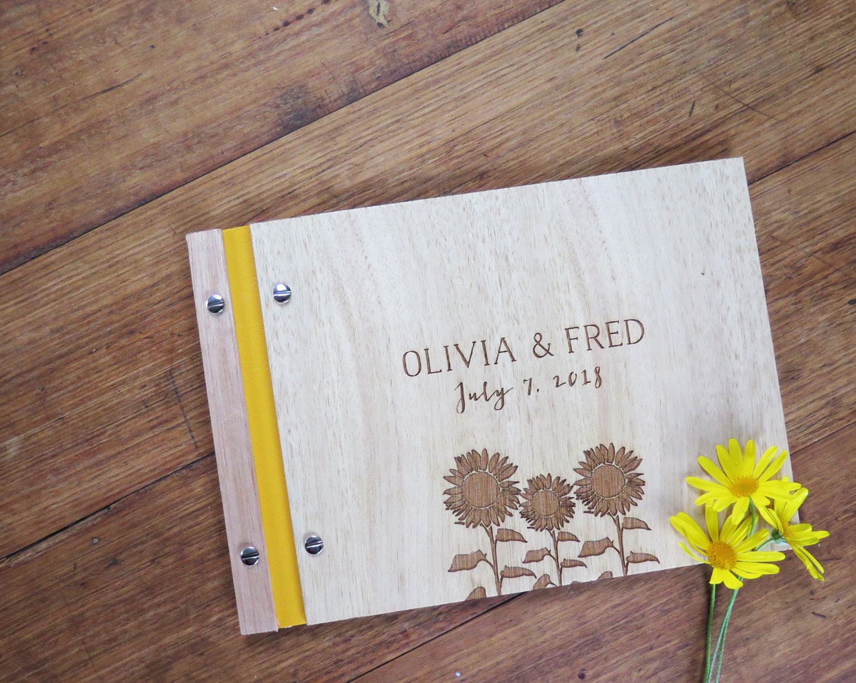 Sunflower Wedding Guest Book Engraved Wood Wedding Book Etsy