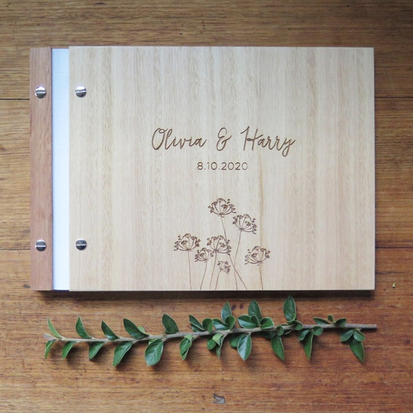 Wild Botanical Wedding Guest Book, Wood Guest Book, Wedding Signing Book, Engagement Gift.