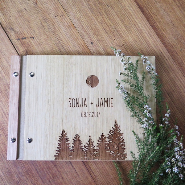 Forest Wedding Guest Book, Fir Trees Full Moon, Wood Wedding Guestbook, Engagement Gift