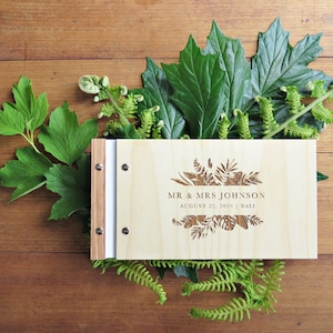 Wedding Guest Book, Wedding Ferns Foliage, Bali Wedding, Engraved Wood Guest Book, Wedding Shower Gift. image 1