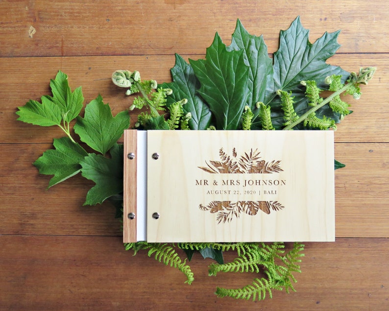 Wedding Guest Book, Wedding Ferns Foliage, Bali Wedding, Engraved Wood Guest Book, Wedding Shower Gift. image 1