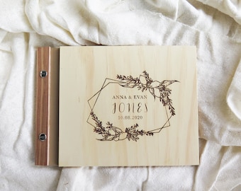 Wedding Guest Book, Geometric Wreath, Custom Engraved Wood Guest Book, Modern Signing Book.