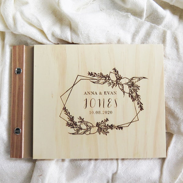 Wedding Guest Book, Geometric Wreath, Custom Engraved Wood Guest Book, Modern Signing Book.