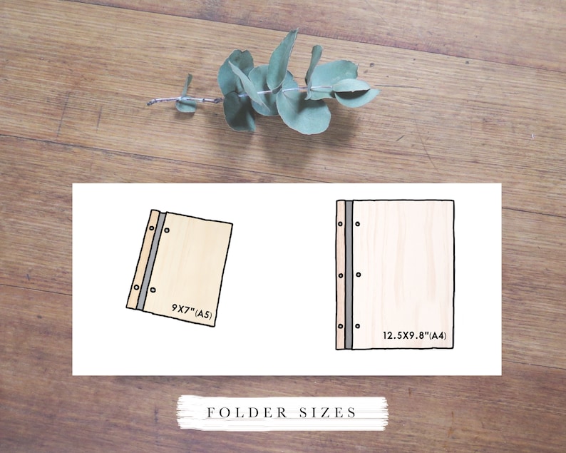 Two line drawings of A5 and A4 sized folders are superimposed over a wooden bench top. The measurements are shown. The A5 folder is 9x7 inches and the A4 folder is 12.5x9.8 inches.