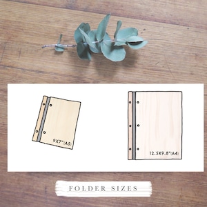 Two line drawings of A5 and A4 sized folders are superimposed over a wooden bench top. The measurements are shown. The A5 folder is 9x7 inches and the A4 folder is 12.5x9.8 inches.