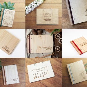 Nine different images of custom engraved timber books are arranged in a grid pattern. Each image contains a recipe book holding either plastic sleeves or paper pages. Each book has been engraved with a unique logo or image.