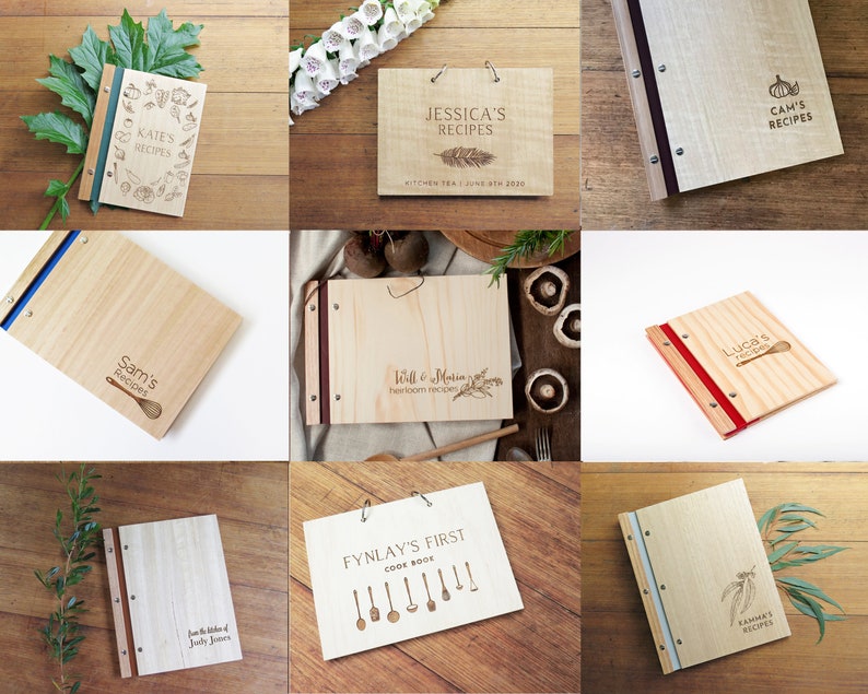 Nine different images of custom engraved timber books are arranged in a grid pattern. Each image contains a recipe book holding either plastic sleeves or paper pages. Each book has been engraved with a unique logo or image.