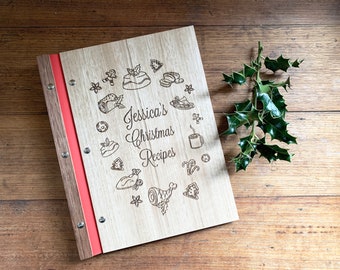 Livre de recettes de Noël, Livre de cuisine personnalisé, Dossier de recettes en bois gravé, Cadeau d’hôtesse de Noël, Recettes familiales, Livre de recettes personnalisé