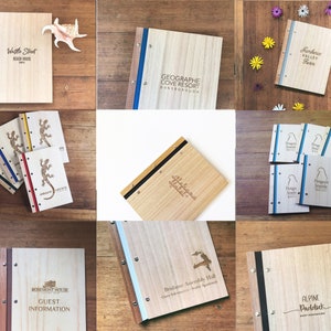 Nine different images of timber folders are arranged in a grid pattern. Each image contains an A4 or A5 size folder that has been engraved with a unique logo or image.