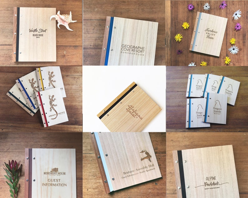 Nine different images of timber folders are arranged in a grid pattern. Each image contains an A4 or A5 size folder that has been engraved with a unique logo or image.