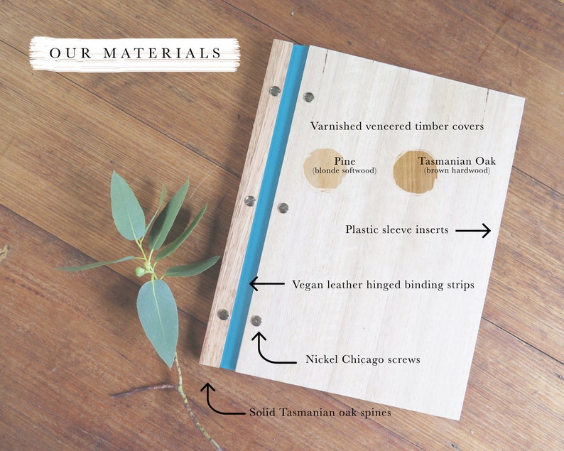 An A4 size timber folder rests on a wooden table. Graphics have been superimposed over the book, pointing to details in the construction of the book. Details include nickel screws, vegan leather binding and examples of pine and Tasmanian oak veneer.