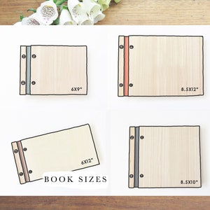 Four line drawings of different sized books are superimposed over a wooden bench top. The measurements are shown. The book sizes are 6x9", 8.5x12", 6x12" and 8.5x10".