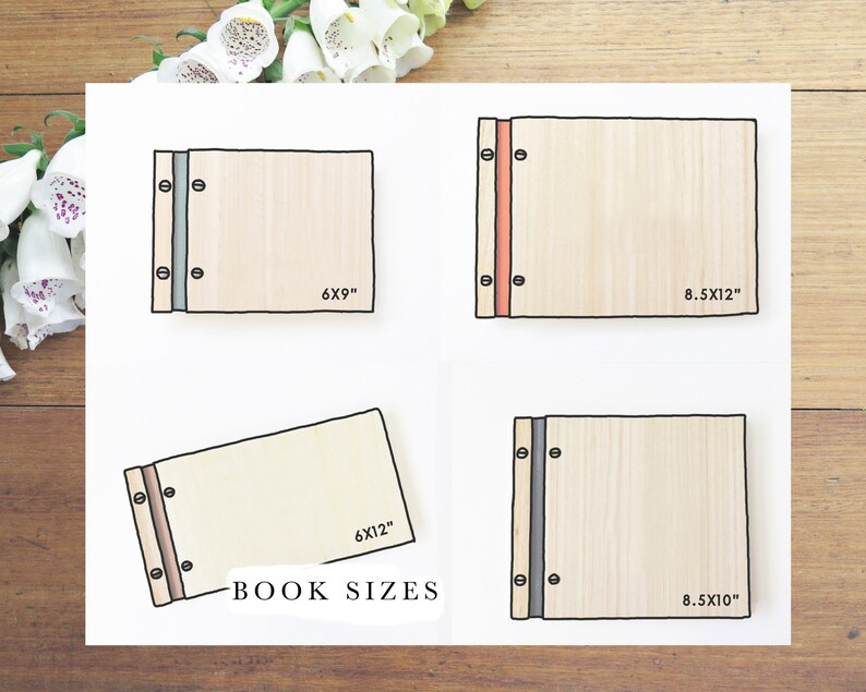 Four line drawings of different sized books are superimposed over a wooden bench top. The measurements are shown. The book sizes are 6x9", 8.5x12", 6x12" and 8.5x10".