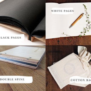 Four images are arranged in a grid. Top left shows an open book with black paper pages, top right a pen rests on top of white paper pages. The bottom left details the book construction and bottom right is a series of books wrapped in cotton dust bags