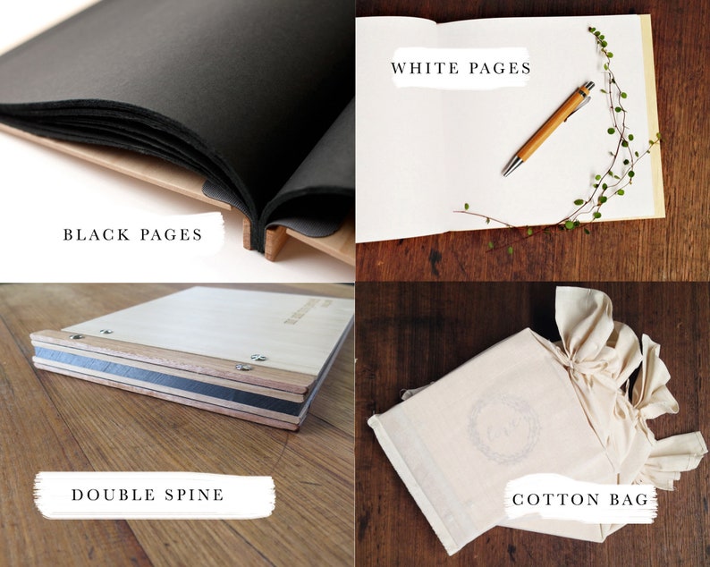 Four images are arranged in a grid. Top left shows an open book with black paper pages, top right a pen rests on top of white paper pages. The bottom left details the book construction and bottom right is a series of books wrapped in cotton dust bags