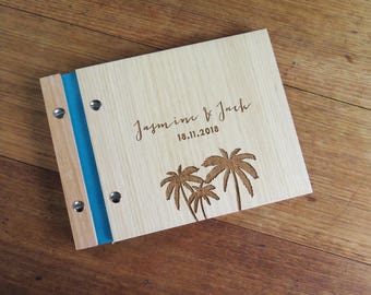 Tropisches Hochzeitsgästebuch, HolzHochzeitenbuch, Strandhochzeiten Gästebuch, kleine Hochzeit im Freien, Palmen