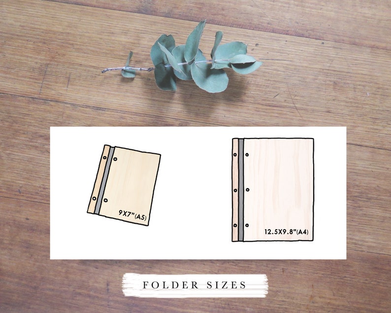 Two line drawings of A5 and A4 sized folders are superimposed over a wooden bench top. The measurements are shown. The A5 folder is 9x7 inches and the A4 folder is 12.5x9.8 inches.