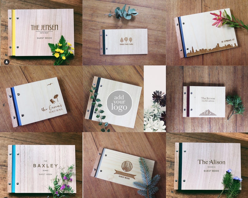 Nine different images of timber guest books are arranged in a grid pattern. Each image contains a book that has been engraved with a unique logo or image.